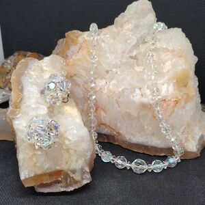 Vintage Aurora Borealis Crystal Necklace and Clip On Earring Set